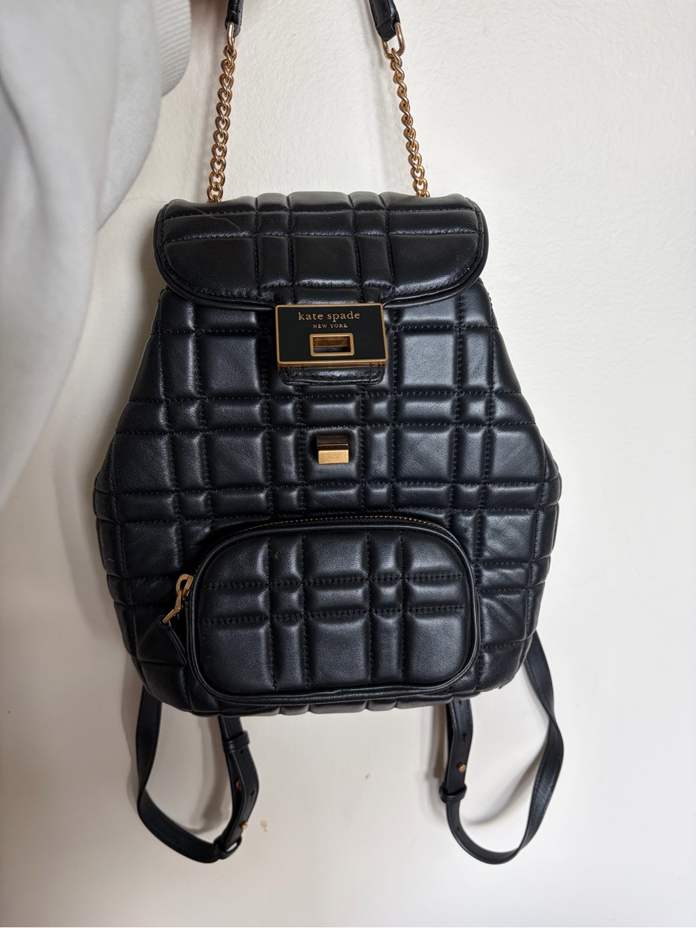 kate spade Black Quilted Leather Backpack with Gold Chain Accents